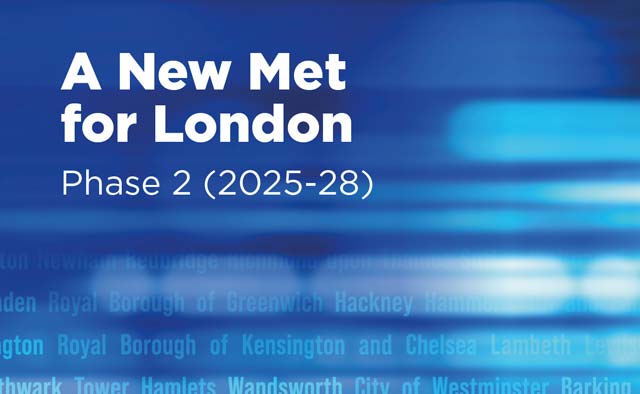 Text on a blue abstract background reads: A New Met for London, Phase 2 2025–28