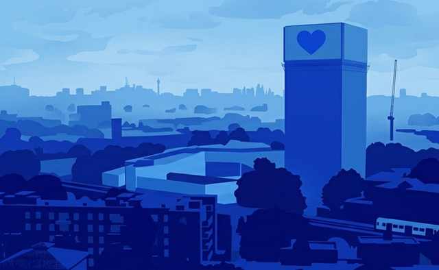 Illustrated blue-toned city skyline with a tower displaying a heart symbol